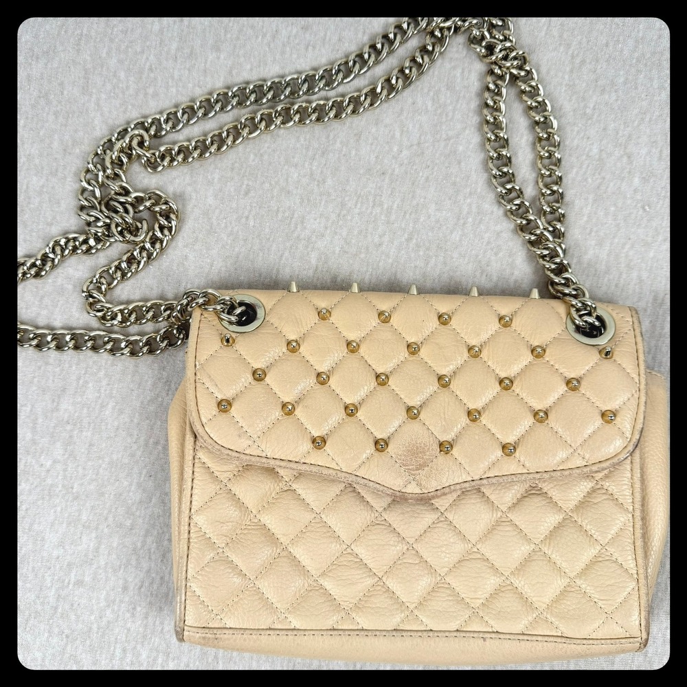 Rebecca Minkoff Leather Studded Quilted Shoulder Bag Affair Tan Chain Strap‎